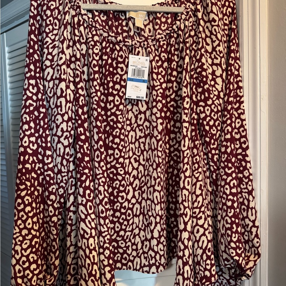 Brand New with Tags Michael Kors Leopard Print Blouse in Burgundy and Cream